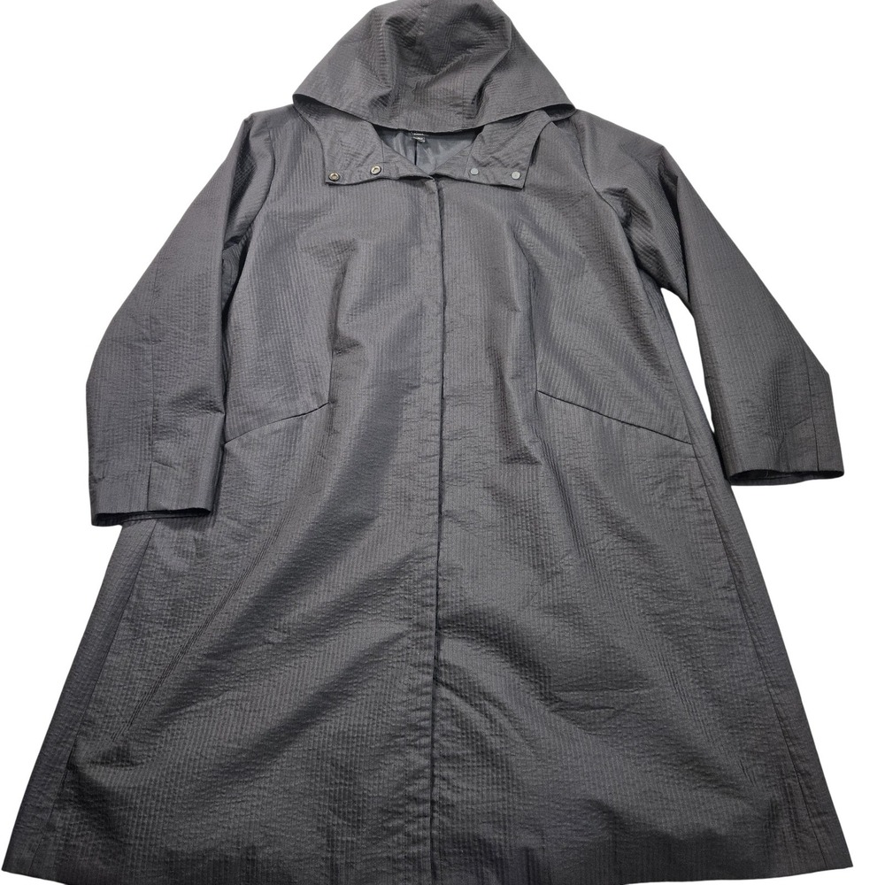 Eileen Fisher Coat Womens 2X Black Hooded Long Rain Snap Front Lined Lightweight - Picture 1 of 10